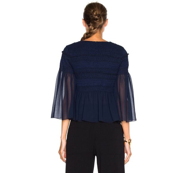 See By Chloe Dark Navy Peasant Top Sheer Sleeves Smocked Bodice Boho Sz 4 - Picture 11 of 13